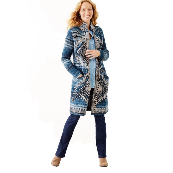 J. Jill Wool Blend Cardigan Duster Sweater SZ LP Chunky Fair Isle Jacquard Blue - Picture 12 of 13